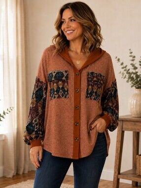 NWOT Rust and Orange Button Down Hooded Boho Shirt with Patchwork Design